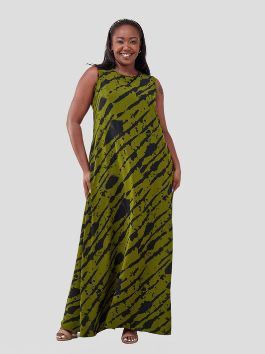 Vivo Basic Sleeveless Tent Maxi Dress - Black / Green Print