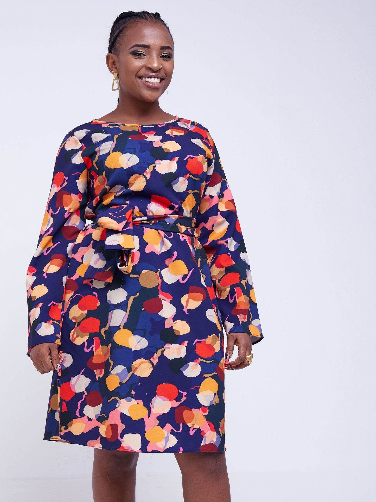 Vivo Basic Long Sleeve Shift Dress - Purple / Orange Print