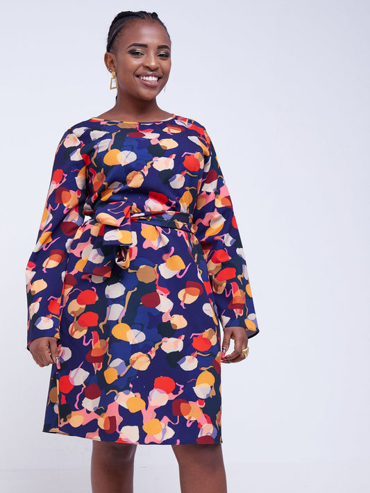 Vivo Basic Long Sleeve Shift Dress - Purple / Orange Print