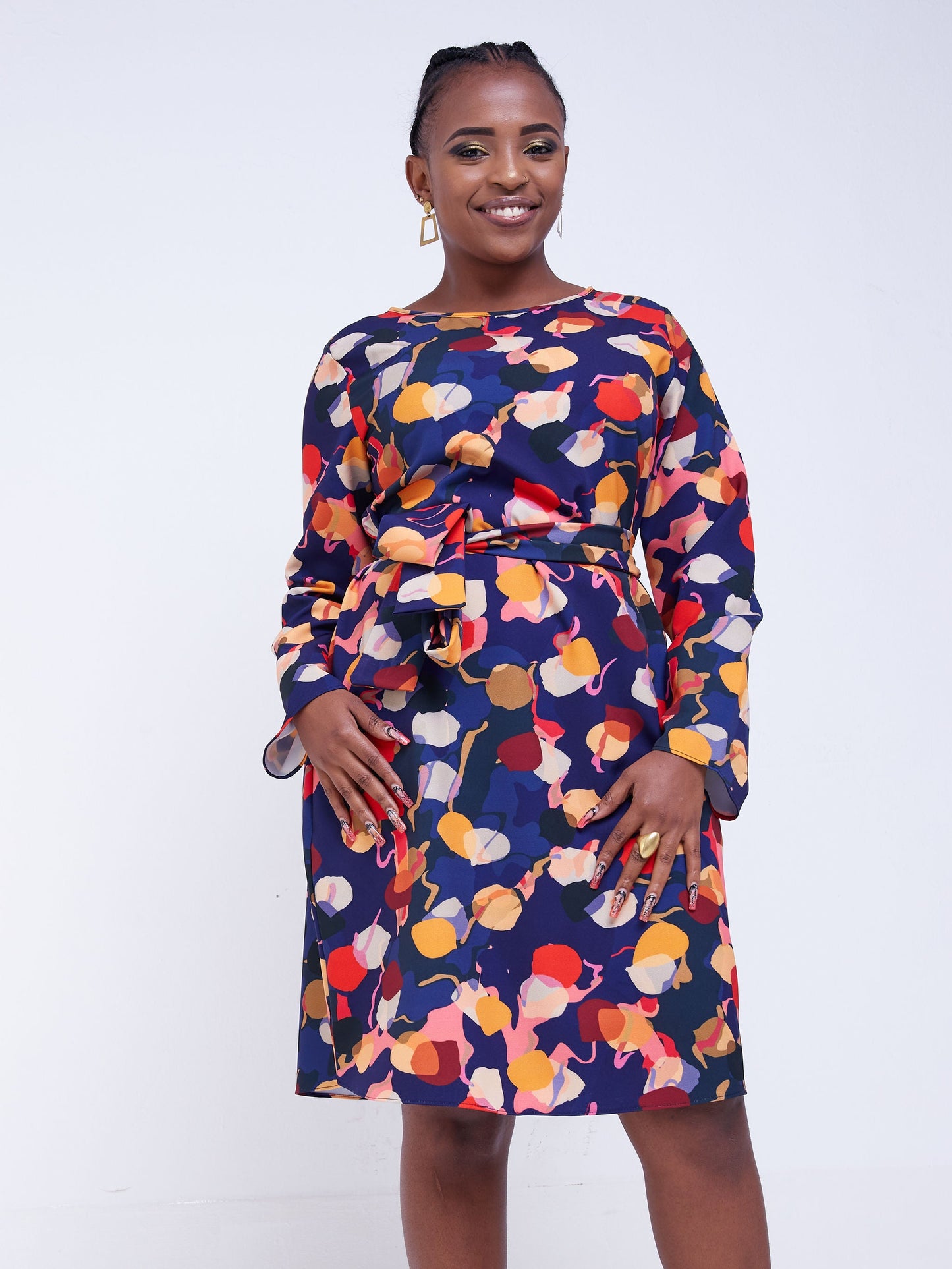 Vivo Basic Long Sleeve Shift Dress - Purple / Orange Print