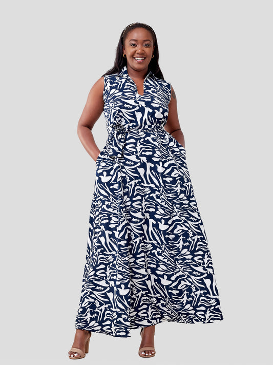 Vivo Zuri Sleeveless Tent Maxi Dress - Navy  / White Abstract Print
