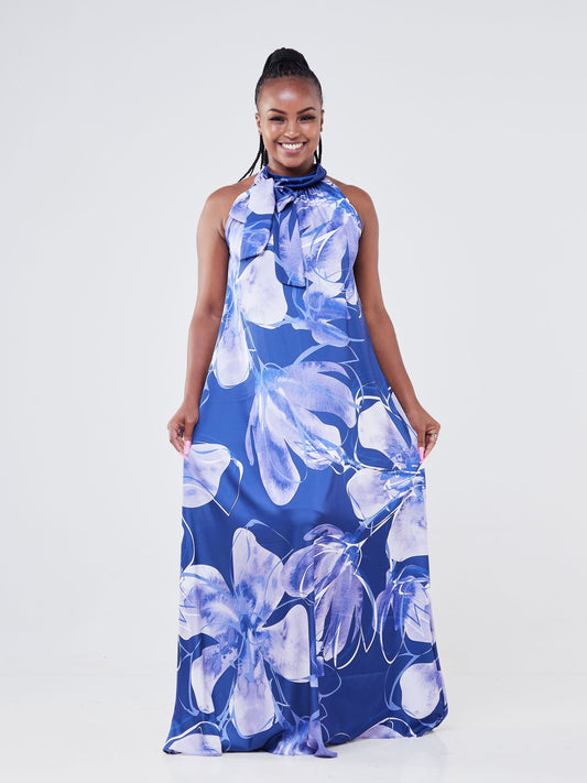 Vivo Jamila Halter Neck Maxi Dress - Navy Blue / Blue Floral Print