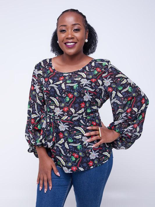 Vivo Izzy Bishop Sleeve Top - Black / Green Floral Print