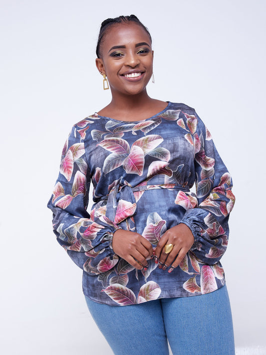 Vivo Basic Satin Bishop Sleeved Top - Purple / Grey Leaf Print