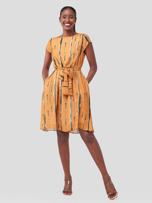 Vivo Basic Cap Sleeve Knee Length Tent Dress - Mustard Print