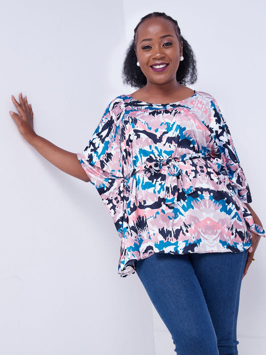 Safari Watamu Satin Top - Pink / Navy Blue Abstract Print