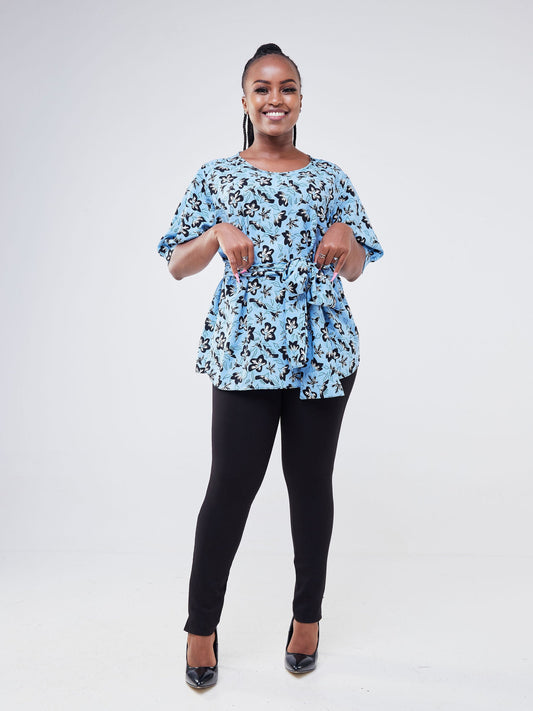 Vivo Wingu Puff Sleeve Top - Blue / Black Floral Print
