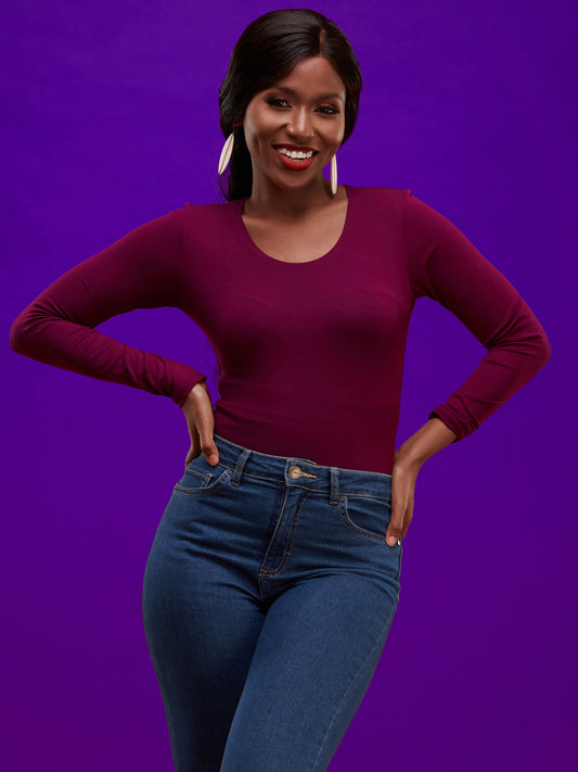 Vivo Basic Long Sleeved Bodysuit - Burgundy