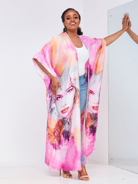 Vivo Diani Satin Maxi Kimono - Pink Tie Dye Abstract Print
