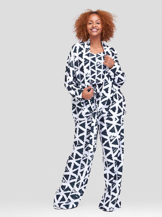 Vivo Zahari  Dolman Tie Kimono - White / Black Triangle Batik Print