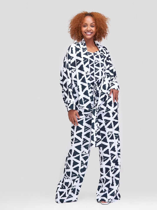 Vivo Zahari Drawstring Wide Leg Pants - White / Black Abstract Print