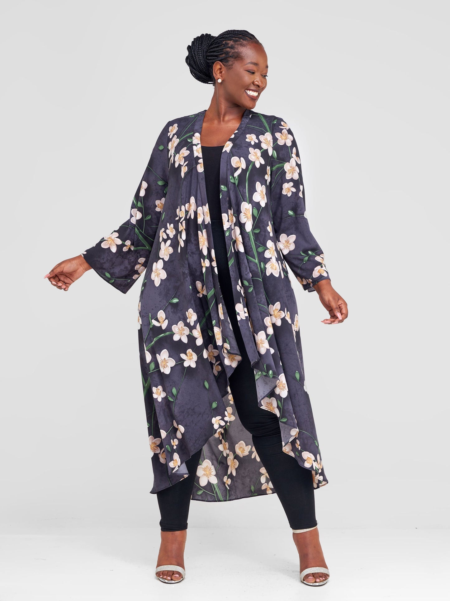 Vivo Maisha Long Sleeve High Low Kimono - Black / Green Floral Print