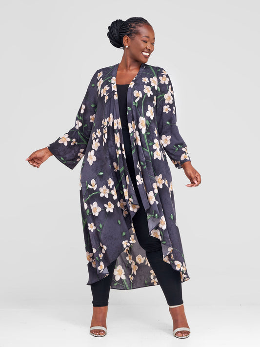 Vivo Maisha Long Sleeve High Low Kimono - Black / Green Floral Print