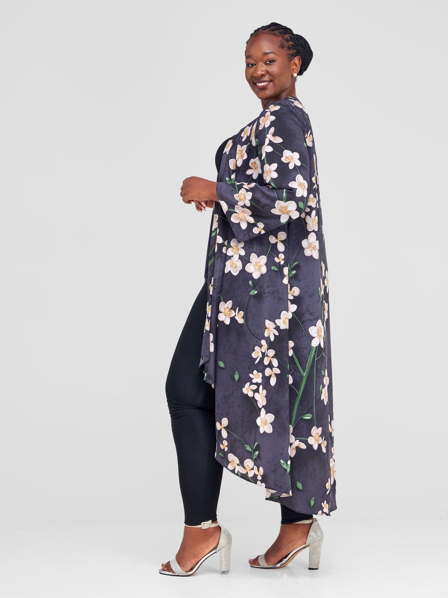 Vivo Maisha Long Sleeve High Low Kimono - Black / Green Floral Print