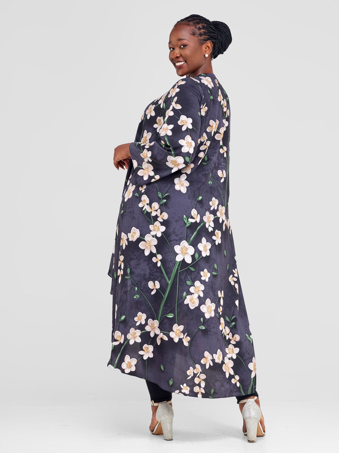 Vivo Maisha Long Sleeve High Low Kimono - Black / Green Floral Print