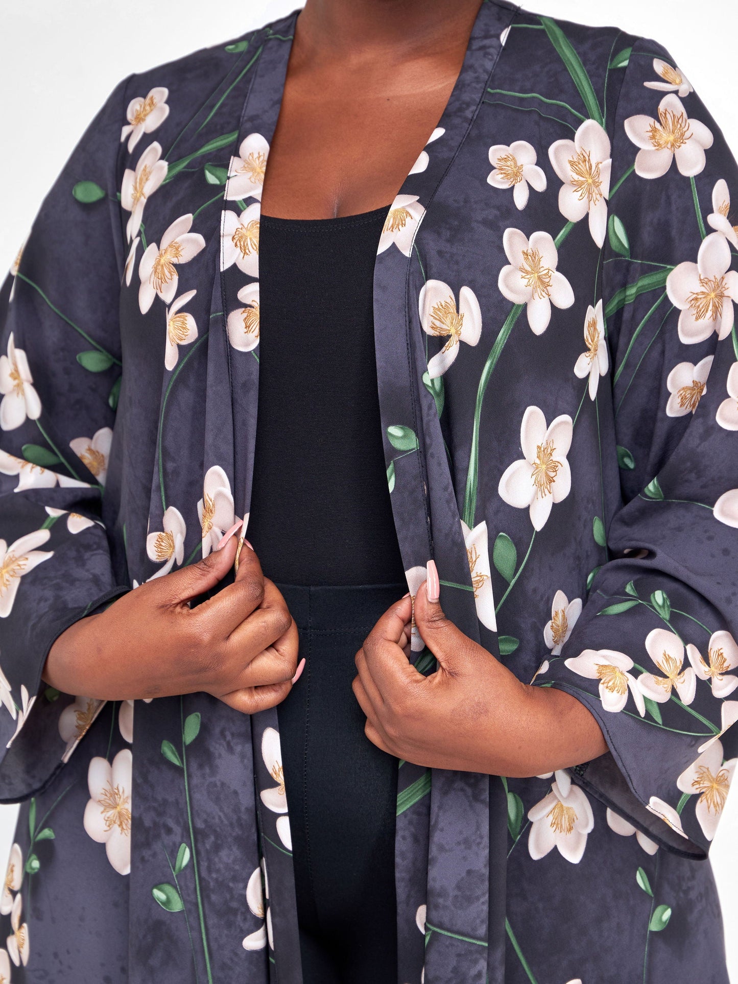 Vivo Maisha Long Sleeve High Low Kimono - Black / Green Floral Print