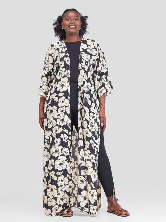 Vivo Maisha High Slit Kimono - Cream Black Print