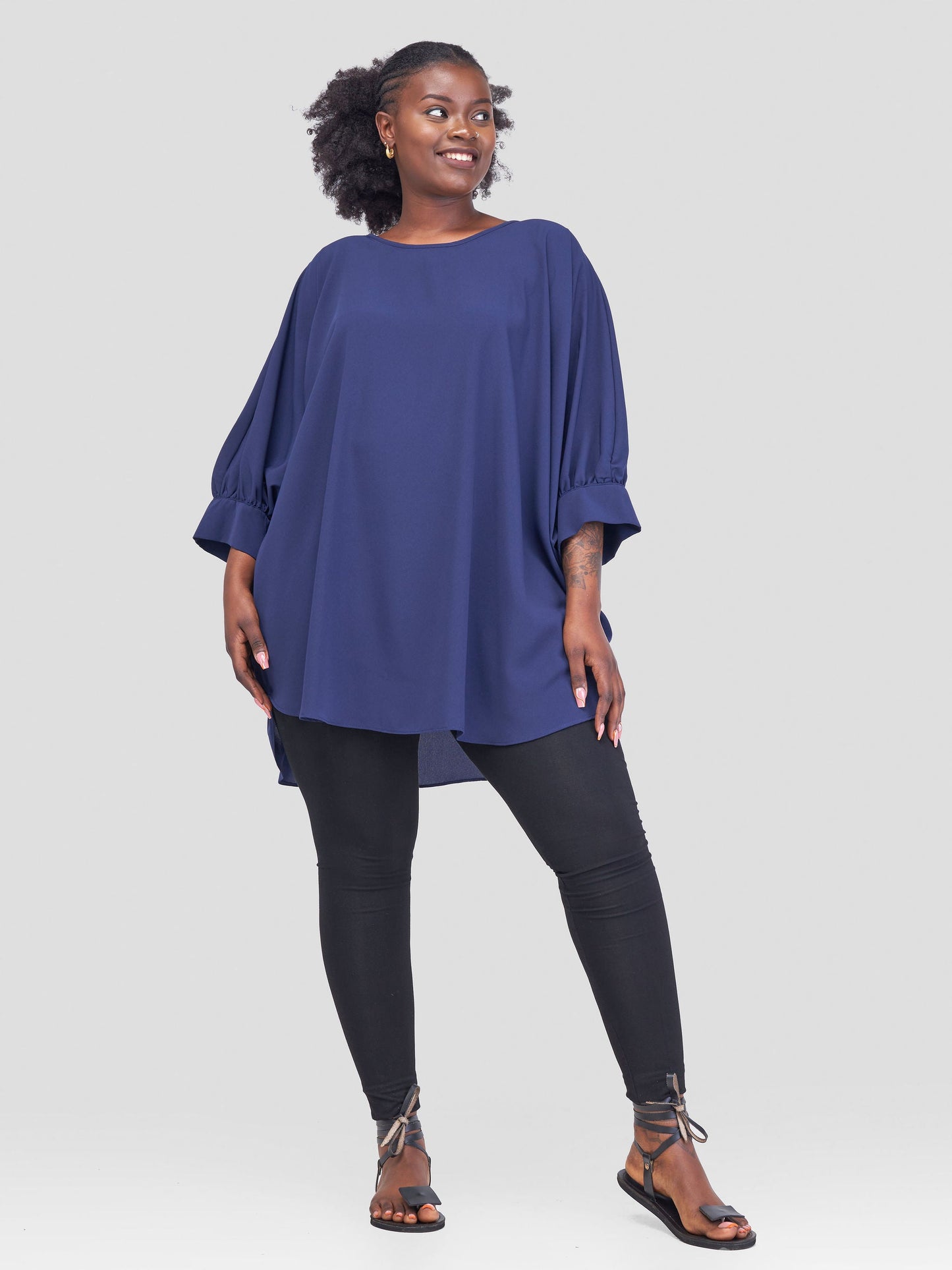 Vivo Mistari Gathered Sleeve Top - Dark Navy Blue