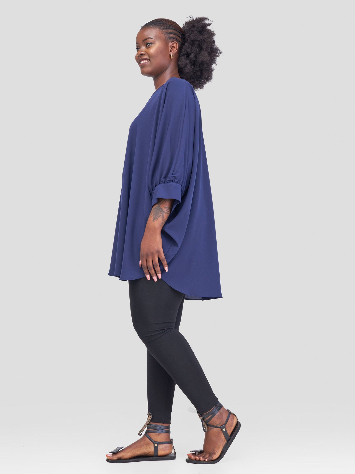Vivo Mistari Gathered Sleeve Top - Dark Navy Blue