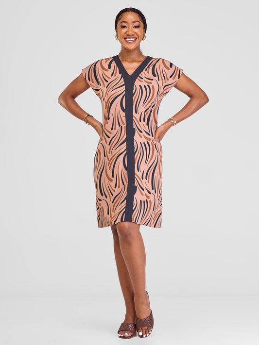 Vivo Ajani Drop Shoulder V-Neck Dress - Tan Yala Print
