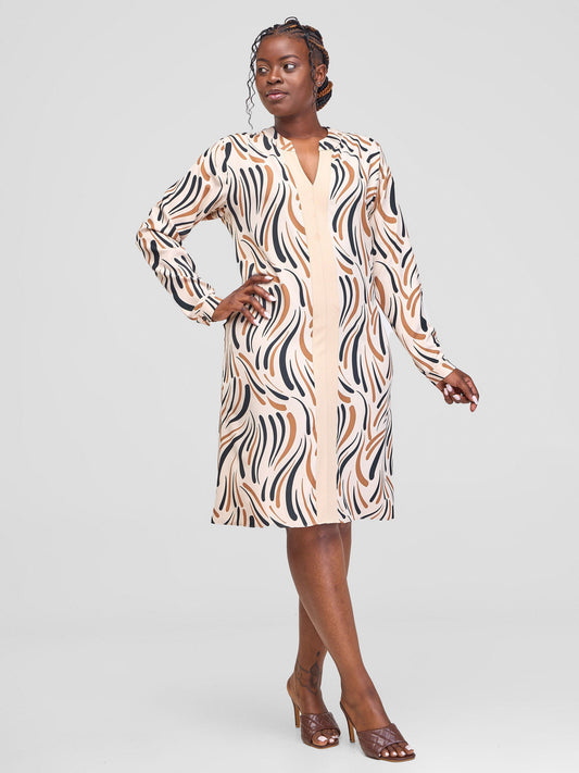Vivo Ajani V-Neck Shift Dress - Beige Yala Print