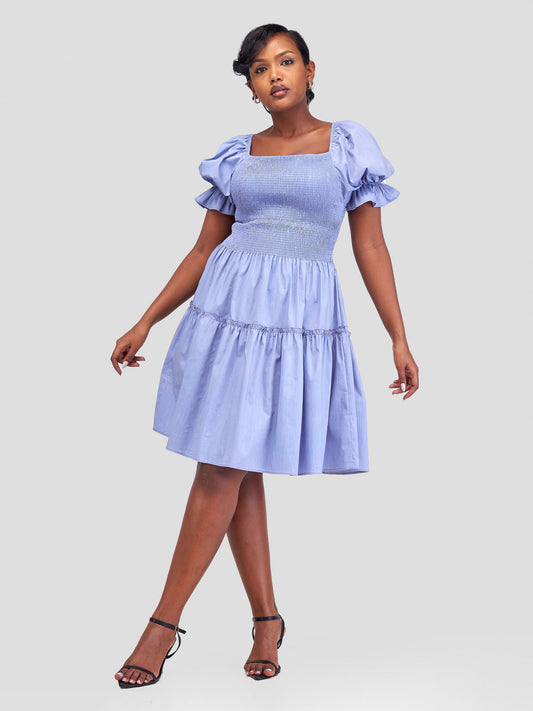 Safari Mara Shirred Bishop Sleeve Dress - Light Blue
