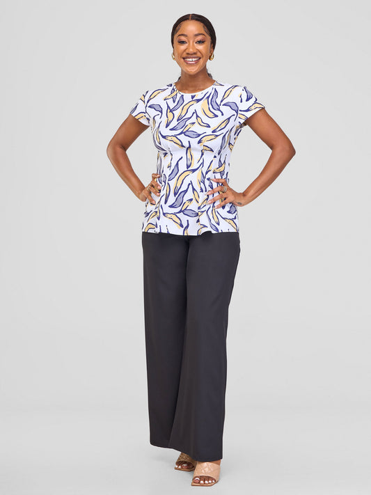 Vivo Ajani Pleated Cap Sleeve Top - White/Mustard Molo Print