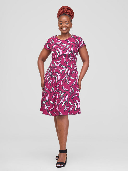 Vivo Ajani Pleated A-line Cap Sleeve Dress - Burgundy/Pink Molo Print