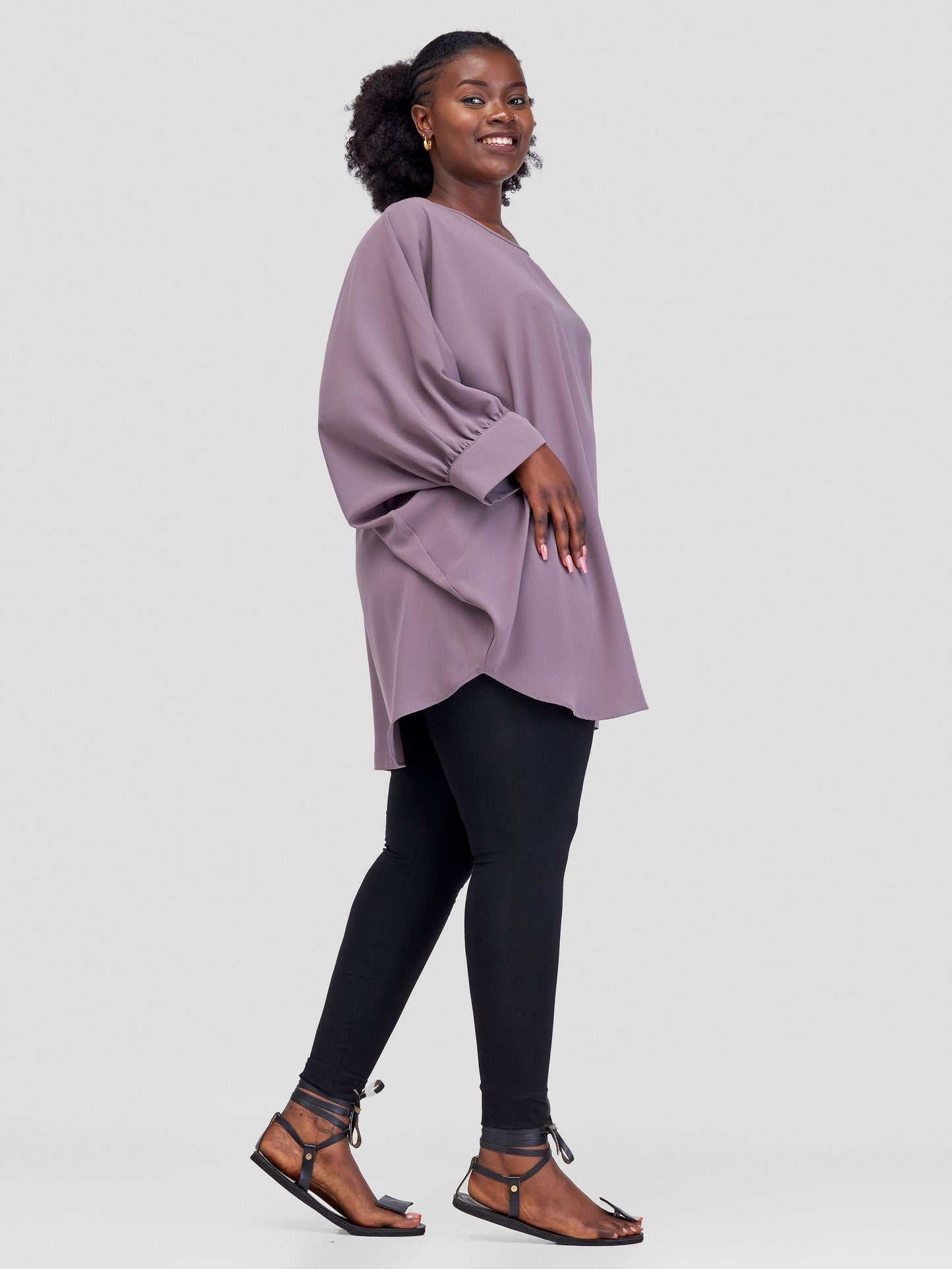 Vivo Mistari Gathered Sleeve Top - Taupe D
