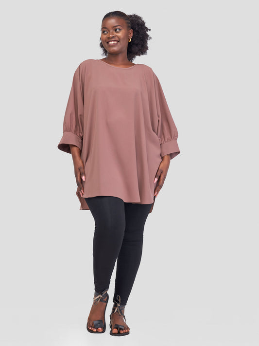 Vivo Mistari Gathered Sleeve Top - Taupe E