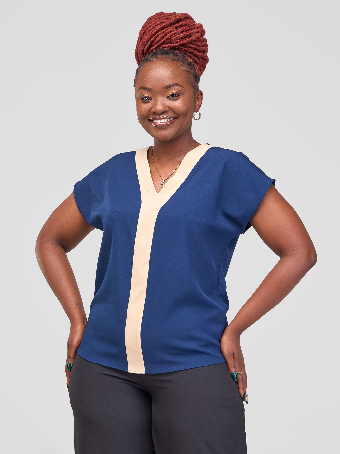 Vivo Ajani Drop Shoulder V-Neck Top - Navy Blue / Cream