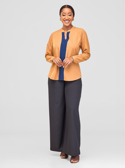 Vivo Ajani Mandarin V-Neck Collar Top - Gold / Navy Blue