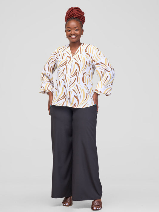 Vivo Ajani V-Neck Top - White / Brown Yala Print