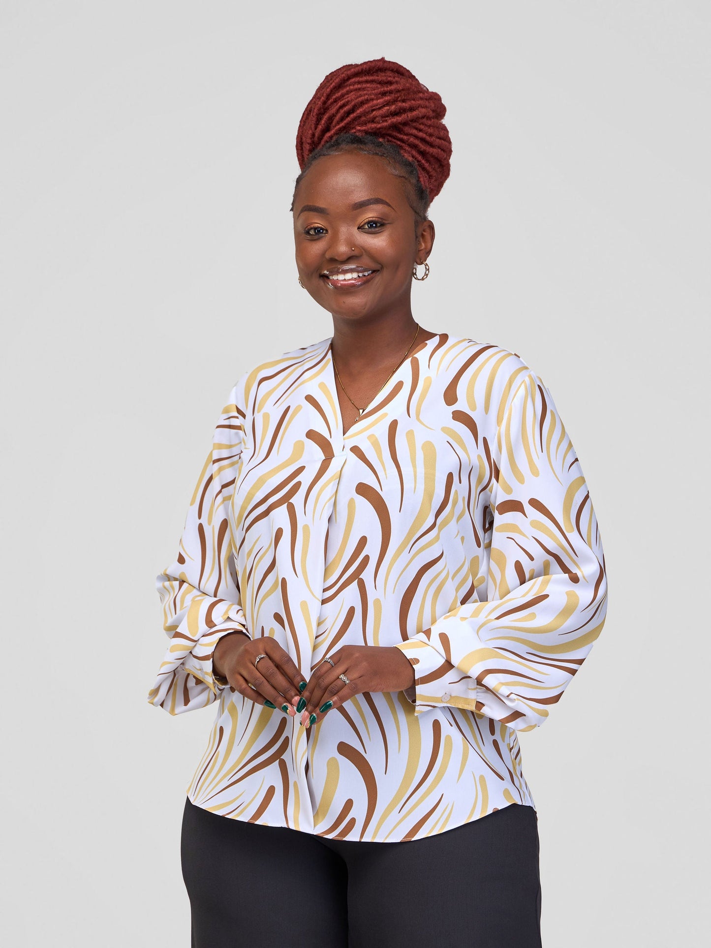 Vivo Ajani V-Neck Top - White / Brown Yala Print