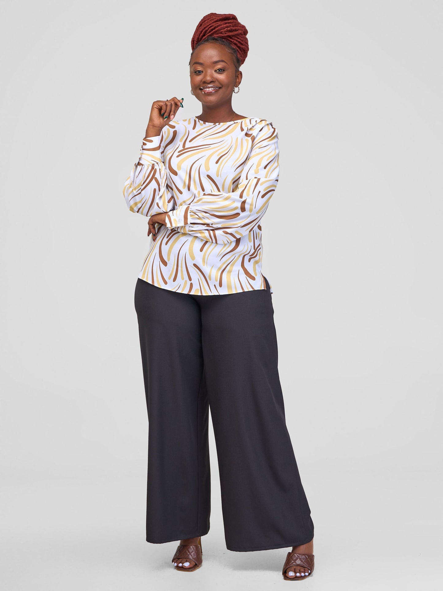 Vivo Ajani Long Sleeve Top - Brown / White Yala Print