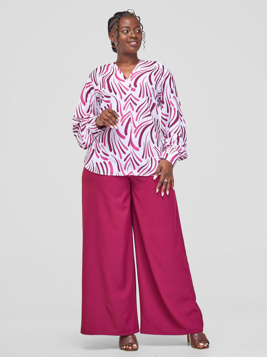 Vivo Ajani V-Neck Top - White / Burgundy Yala Print