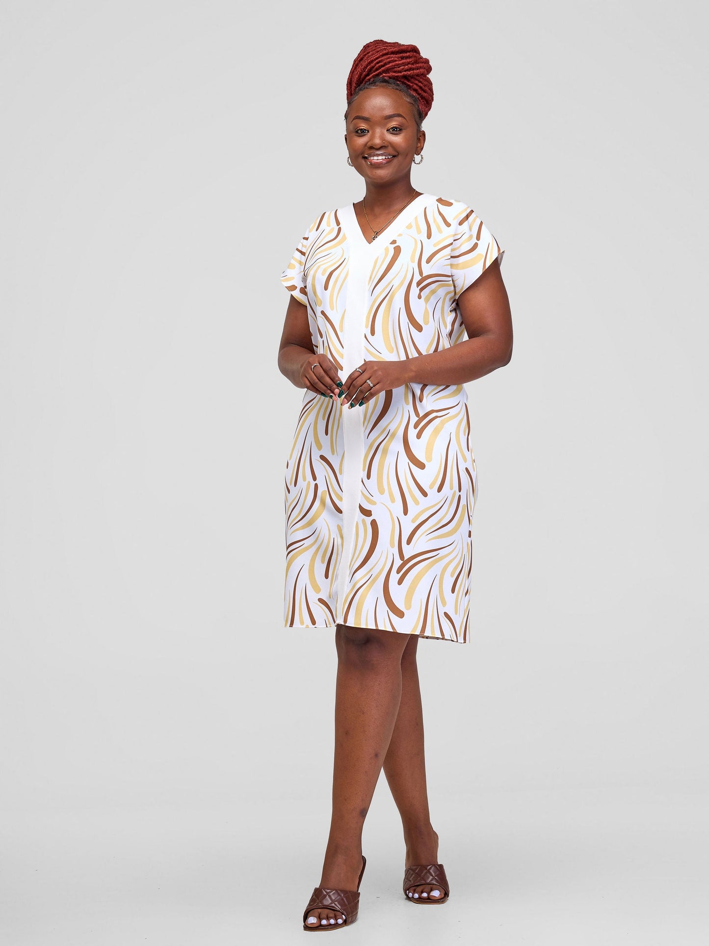 Vivo Ajani Drop Shoulder V-Neck Dress - White Yala Print