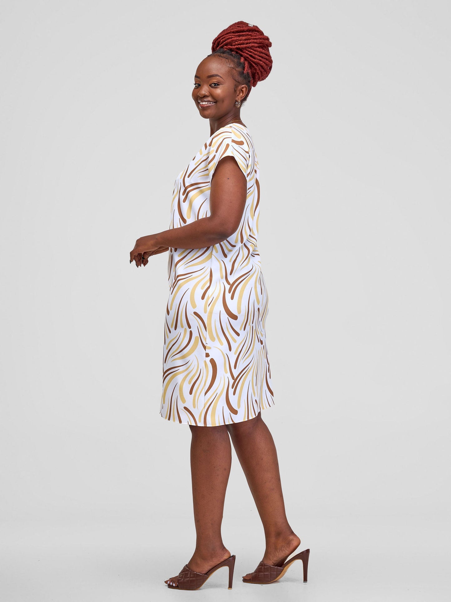 Vivo Ajani Drop Shoulder V-Neck Dress - White Yala Print