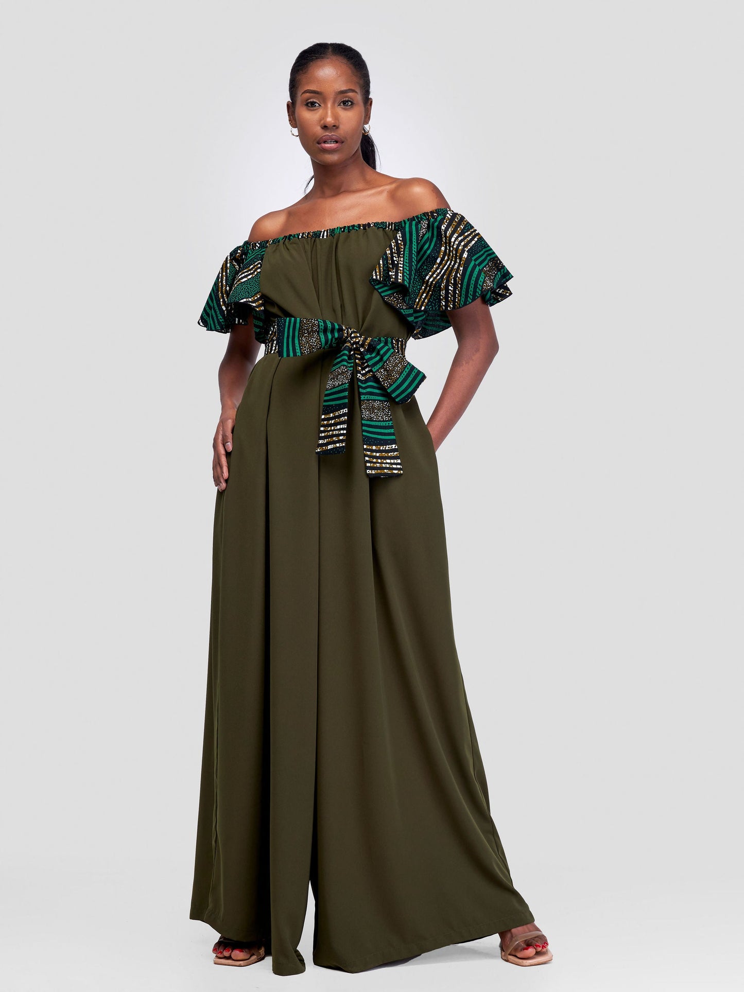 Vivo Fara Off Shoulder Flounce Sleeve Jumpsuit - Hunters Green