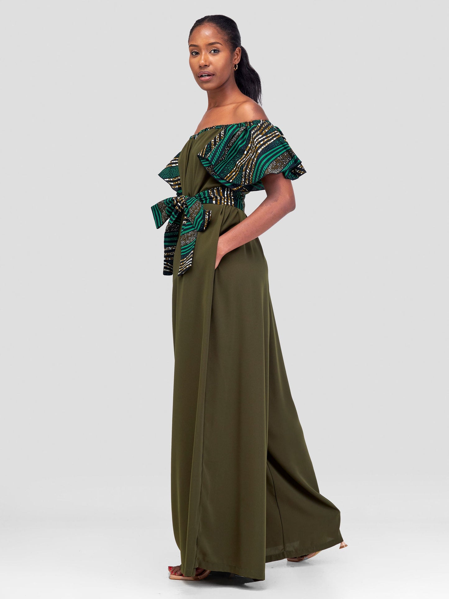 Vivo Fara Off Shoulder Flounce Sleeve Jumpsuit - Hunters Green