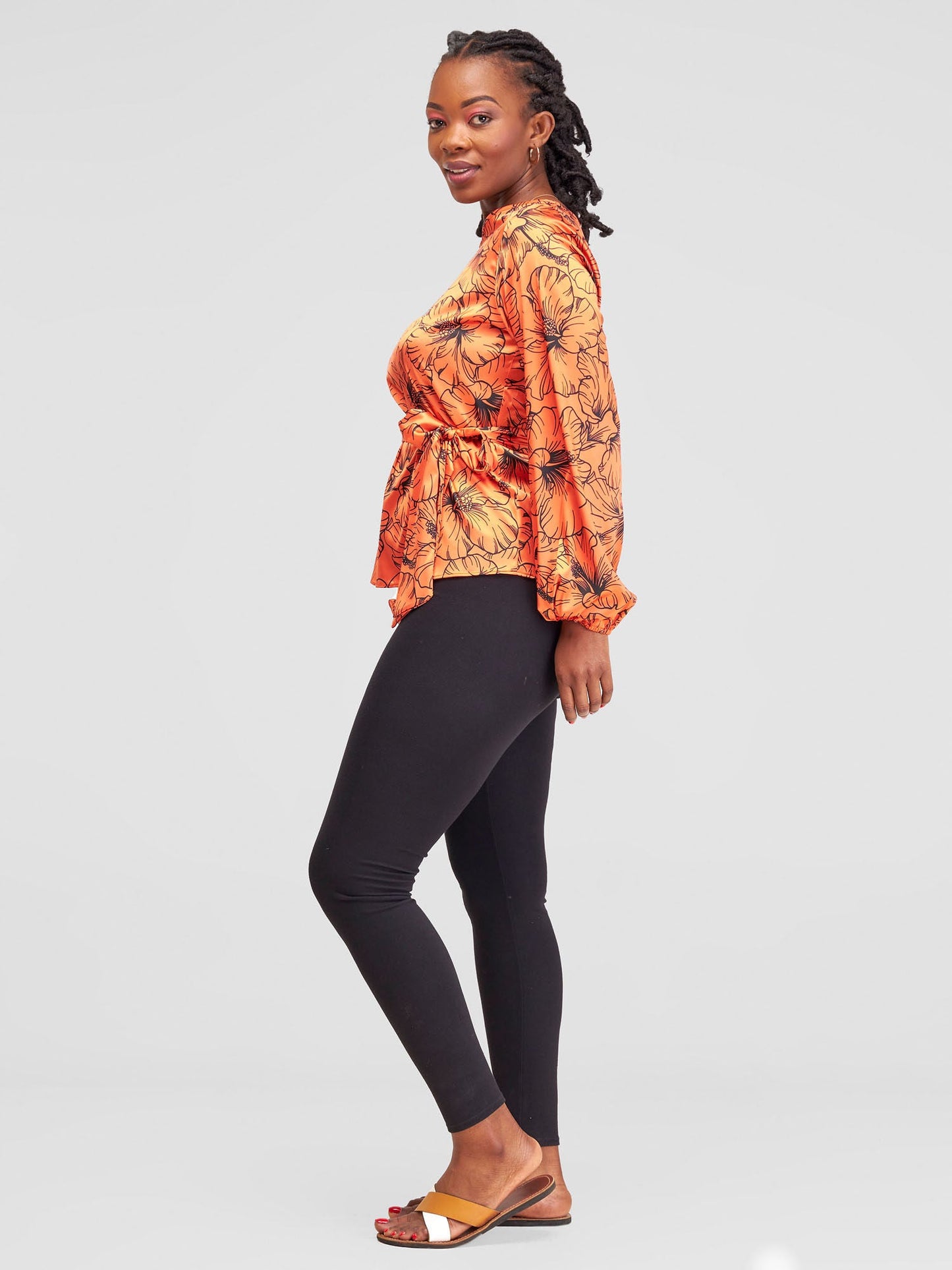 Vivo Basic Satin Bishop Sleeved Top - Orange Hibi Print