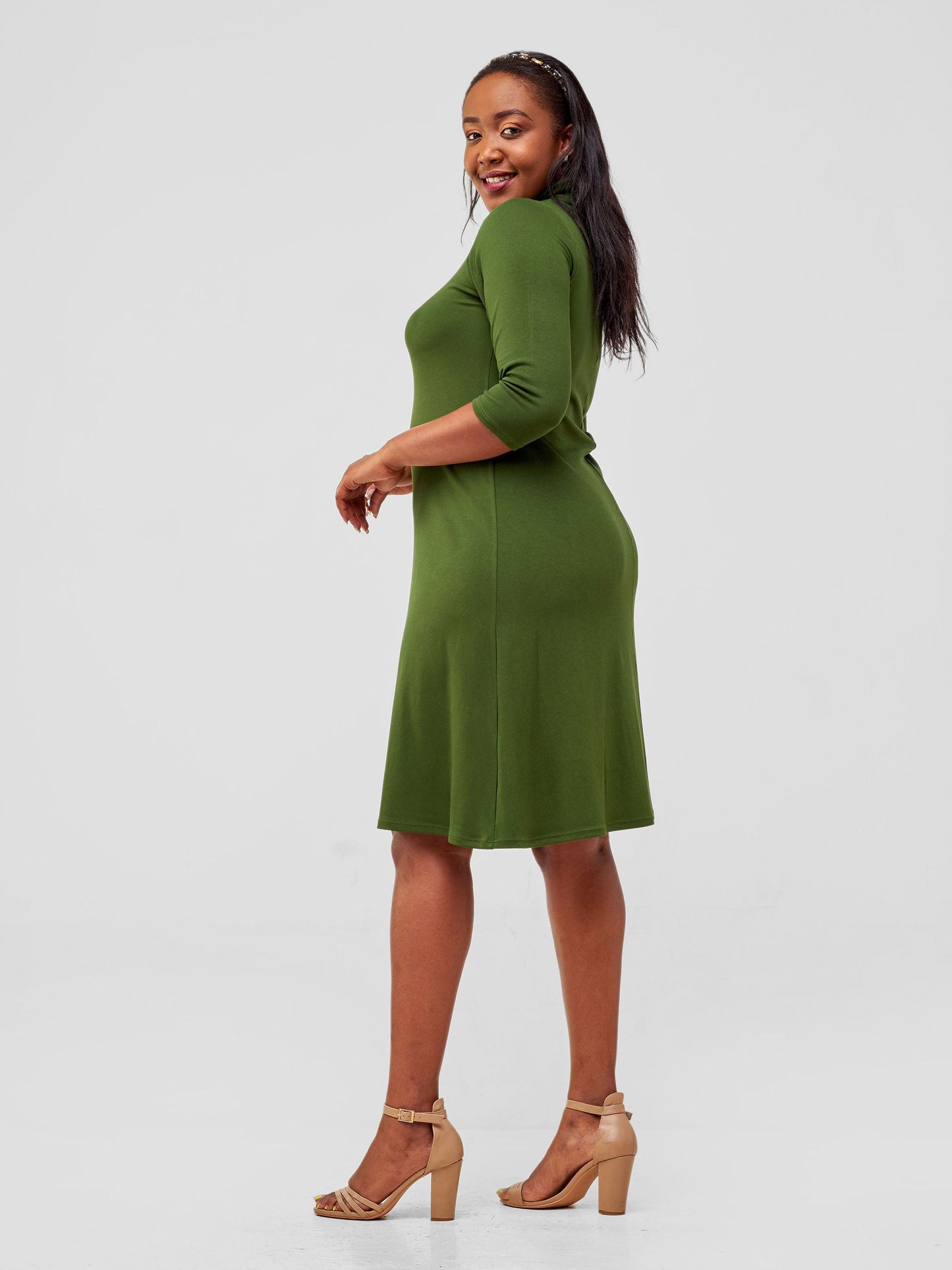 Vivo 3/4 Sleeve J.O Jersey A-line Knee Length Dress - Hunters Green