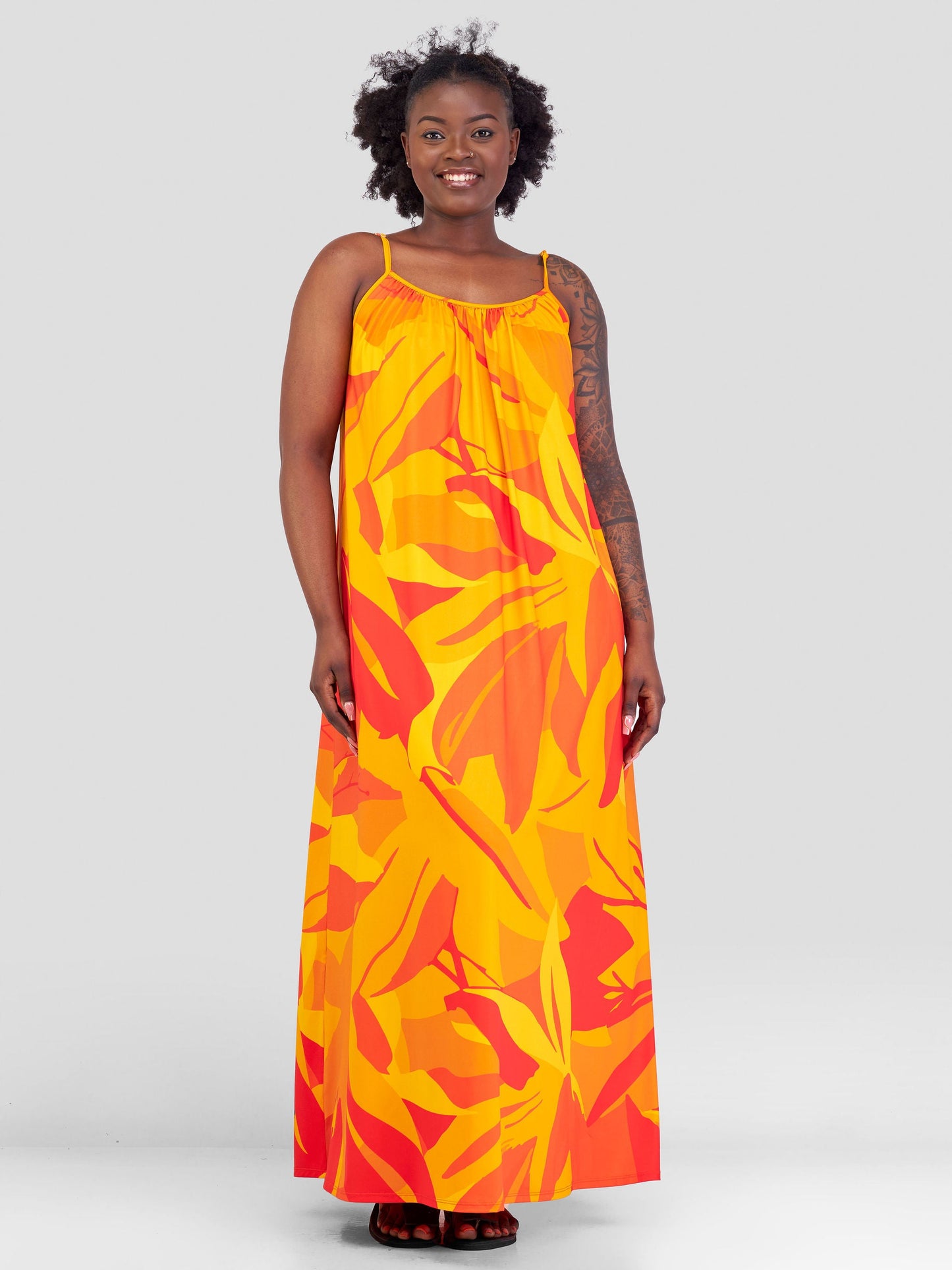 Vivo Sarabi Strappy Low Back Maxi Dress - Safron / Orange Print