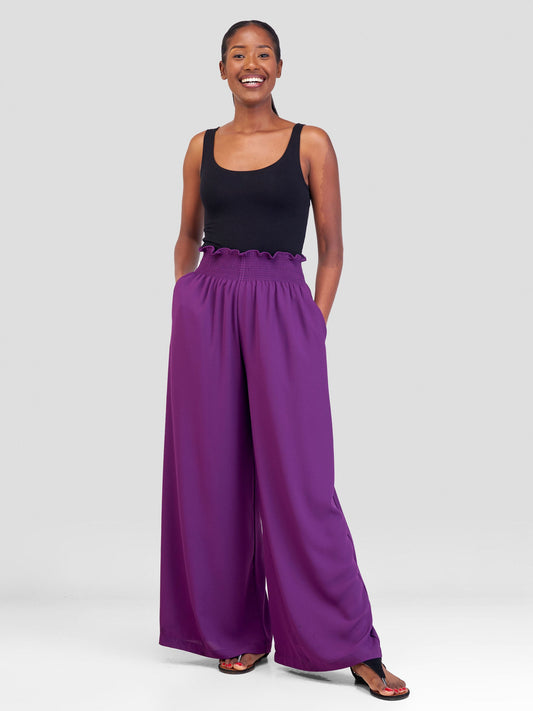 Vivo Sarabi Shirred Palazzo Pants - Purple