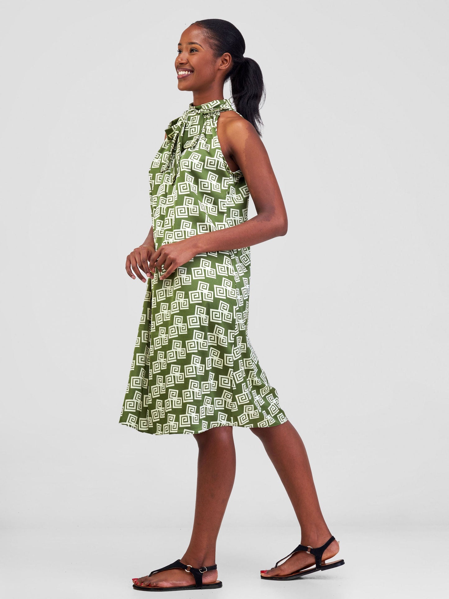 Vivo Jamila Halter Neck Knee Length Dress - Green / Cream Geometric Print