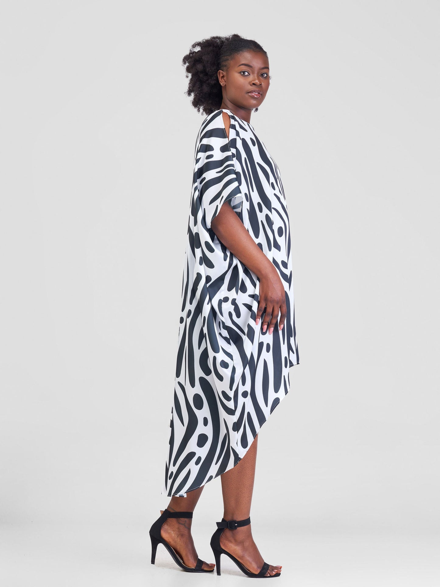 Vivo Lani Satin High Low Dress - Off-White / Black Print