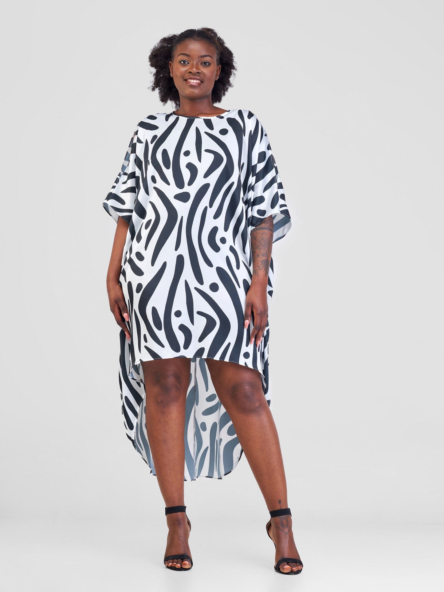Vivo Lani Satin High Low Dress - Off-White / Black Print