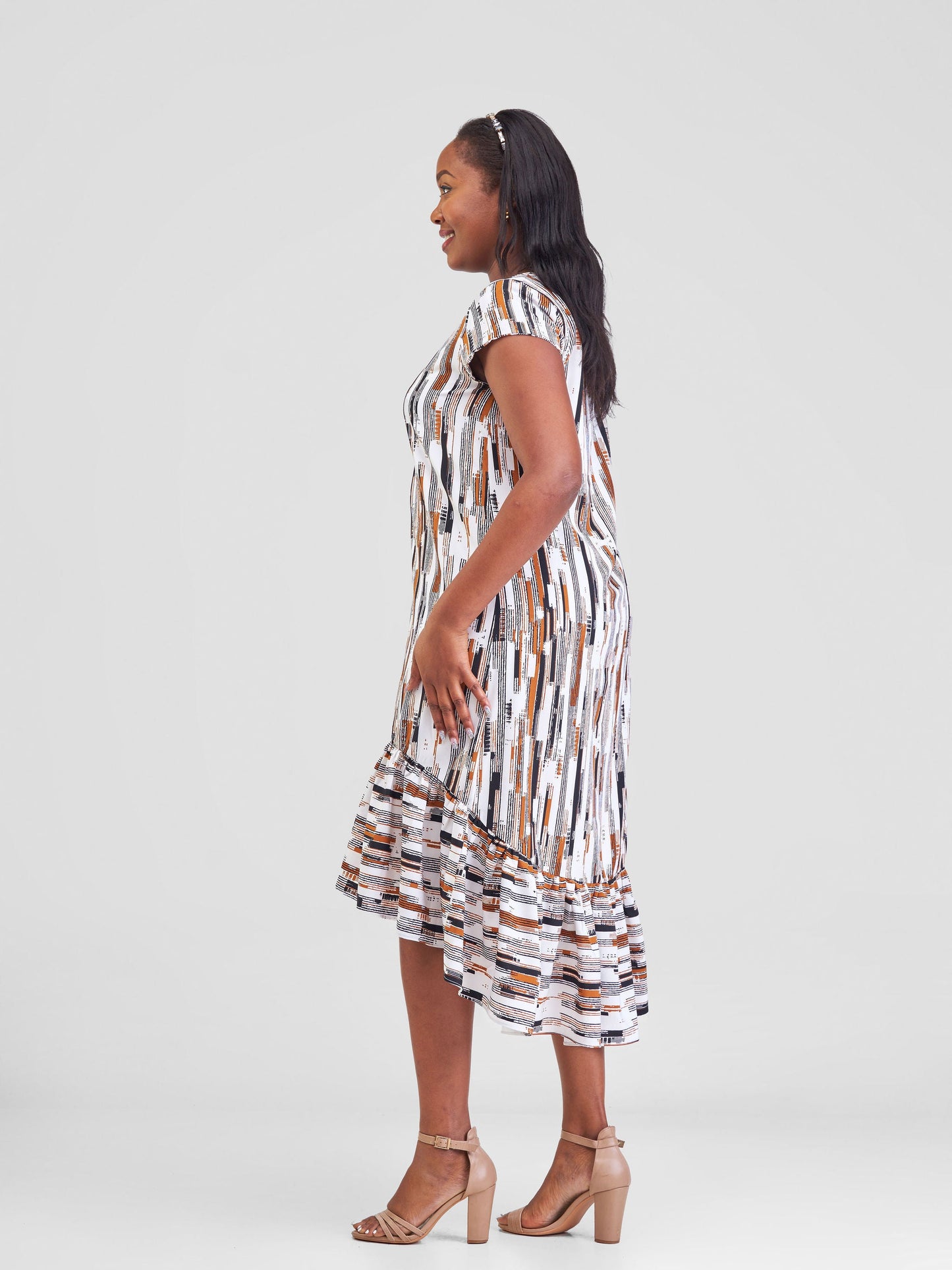 Vivo Ayana Cap Sleeve High Low Tent Dress - Brown Print