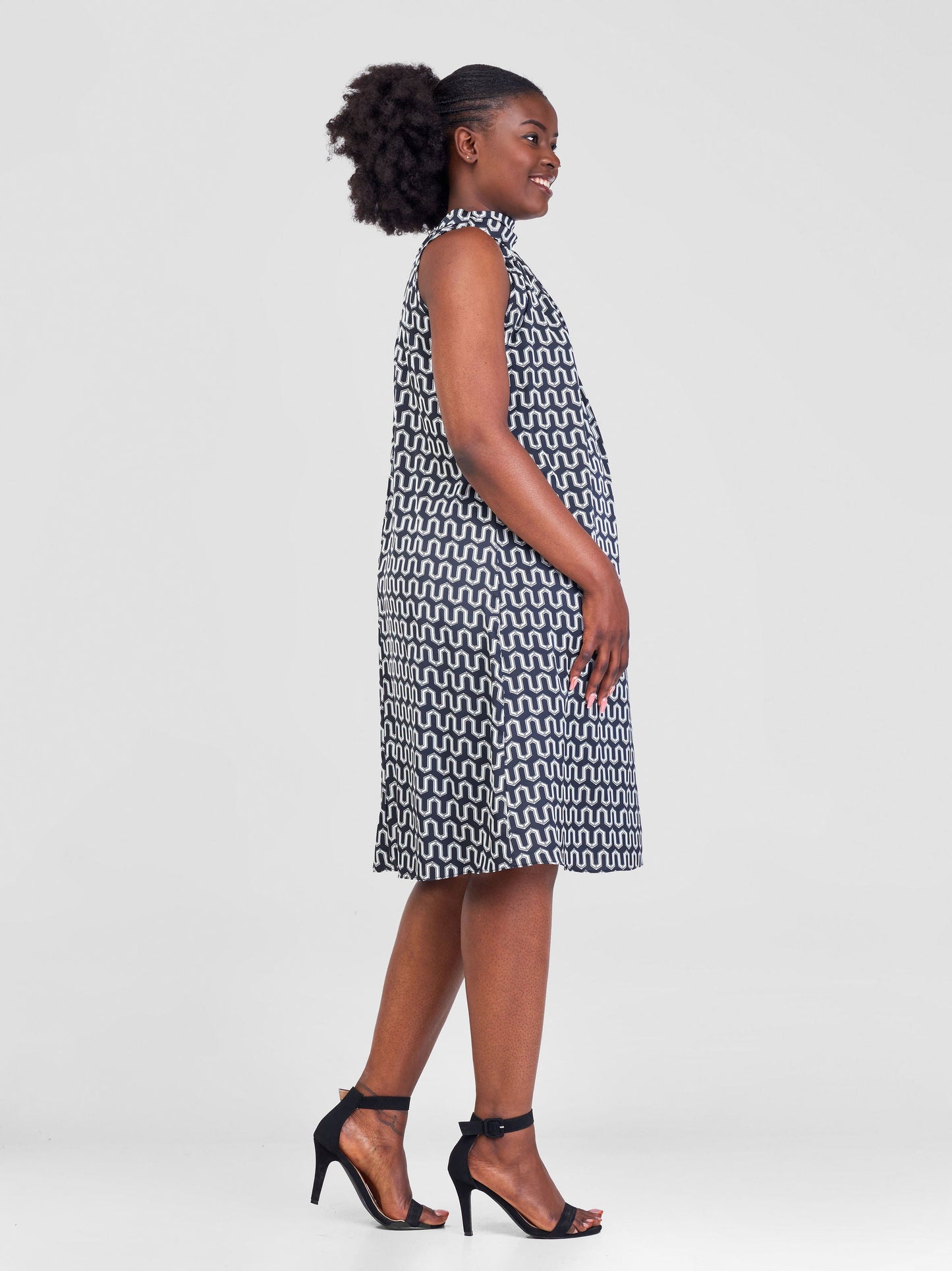 Vivo Jamila Halter Neck Knee Length Dress - Black / White Geometric Print
