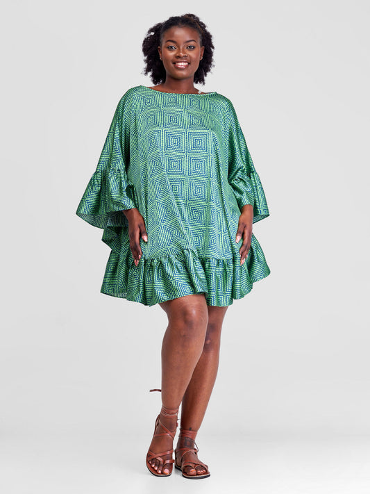 Vivo Malindi Tunic Dress With Frills - Green / Blue Abstract Print